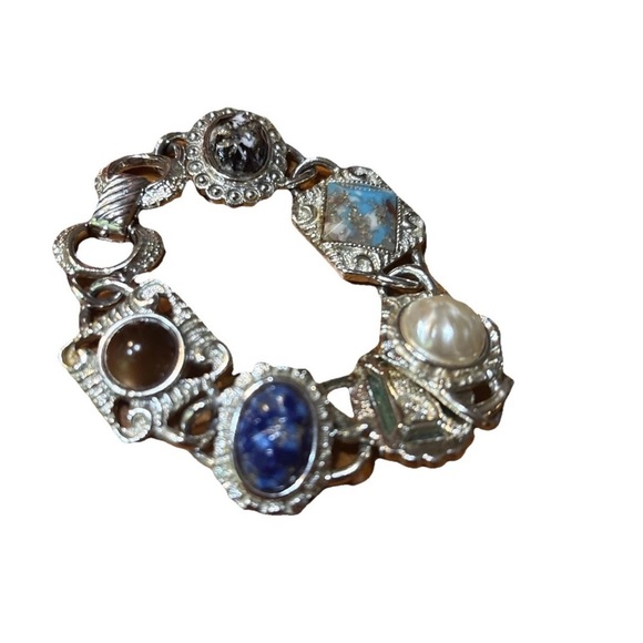 VINTAGE Sarah Coventry Silver Tone Faux Gemstone Cabochon Panel Bracelet - Picture 3 of 7